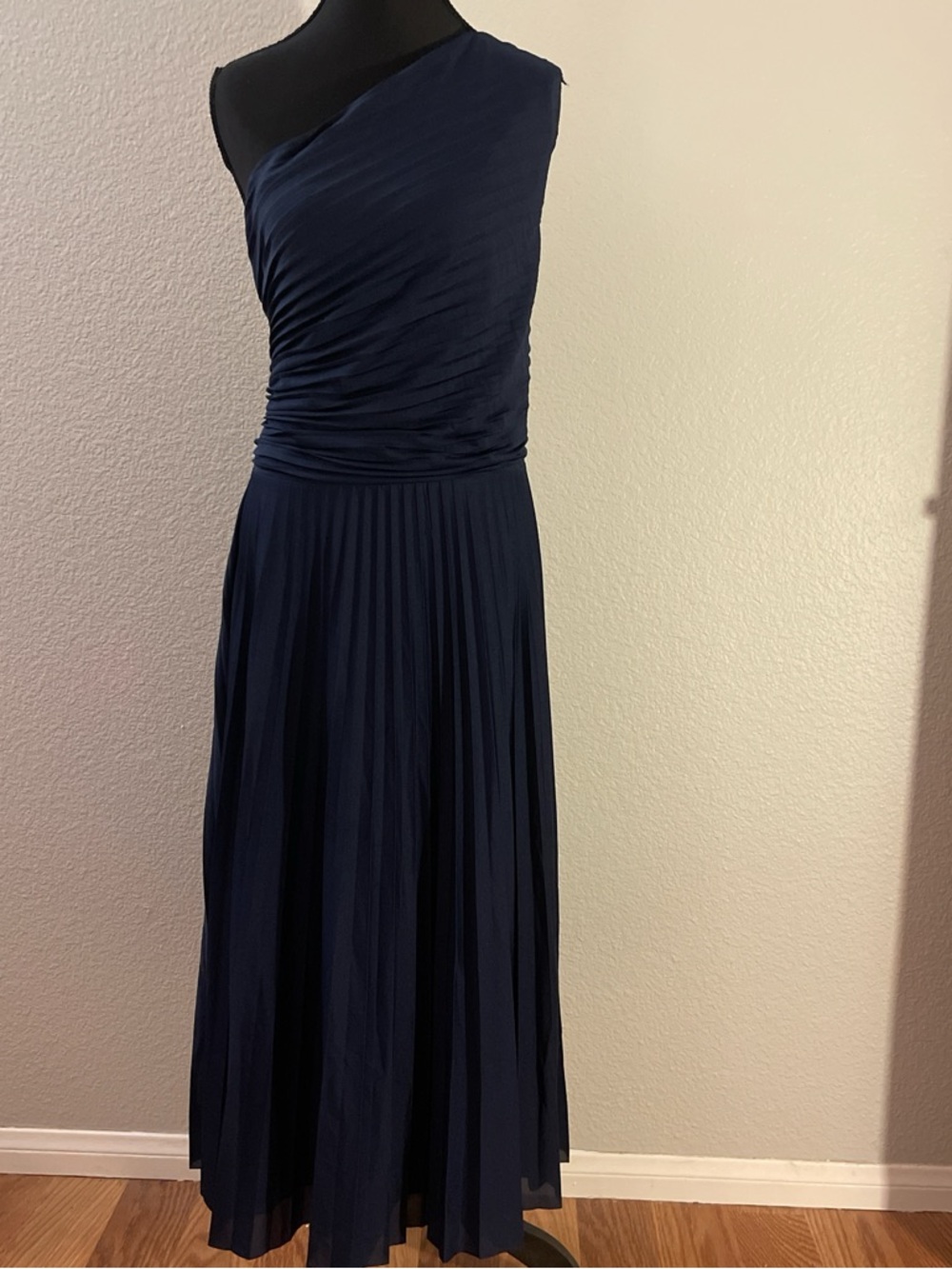 H&M One-Shoulder Navy Pleated Maxi Gown